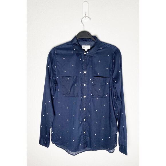 Gap Womens Navy Blue White Stars Boyfriend Fit Button Up Shirt Cotton Semi Sheer - Picture 1 of 8